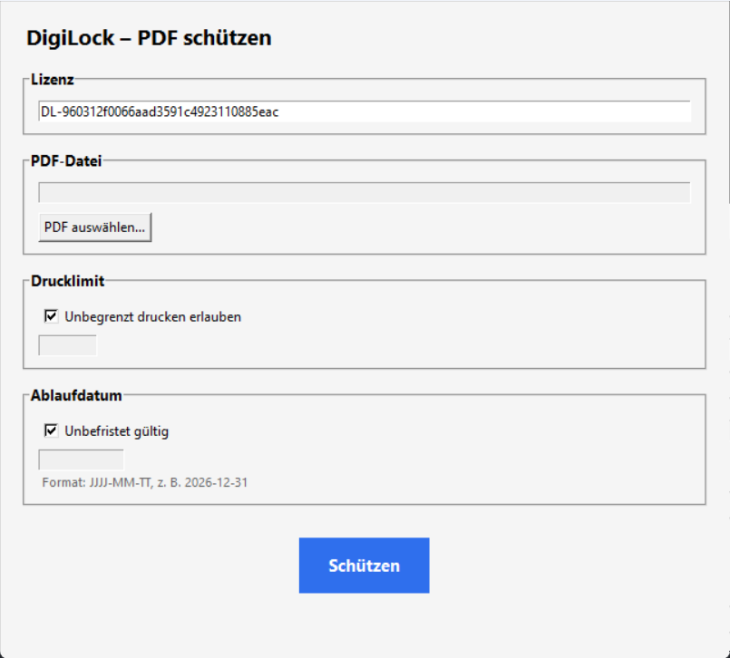 DigiKopierschutz-Schützen-Werkzeug: Lizenzschlüssel, PDF-Auswahl, optionales Drucklimit und optionales Ablaufdatum auf einen Blick