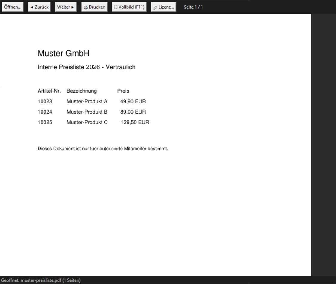 DigiKopierschutz-Viewer zeigt ein geschütztes Beispieldokument an, mit Werkzeugleiste für Öffnen, Drucken, Vollbild und Lizenzverwaltung