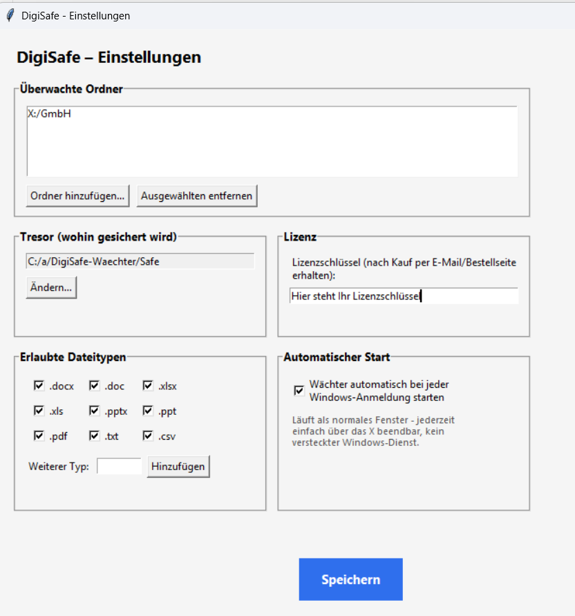 DigiSafe-Einstellungen: überwachte Ordner, Tresor-Ziel, Dateitypen, Lizenz und Autostart auf einen Blick